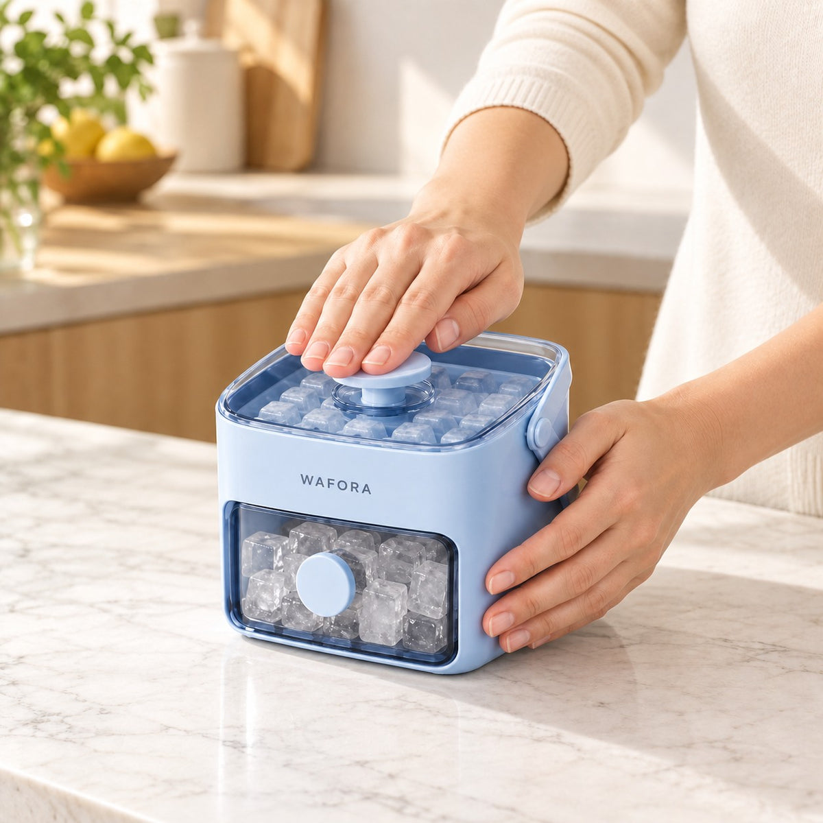 Hands pressing the central IcePress lid button while steadying the blue ice tray holder