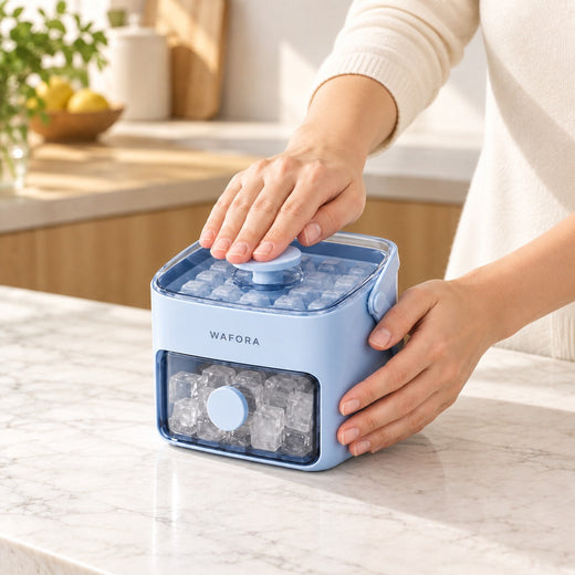 Hands pressing the central IcePress lid button while steadying the blue ice tray holder
