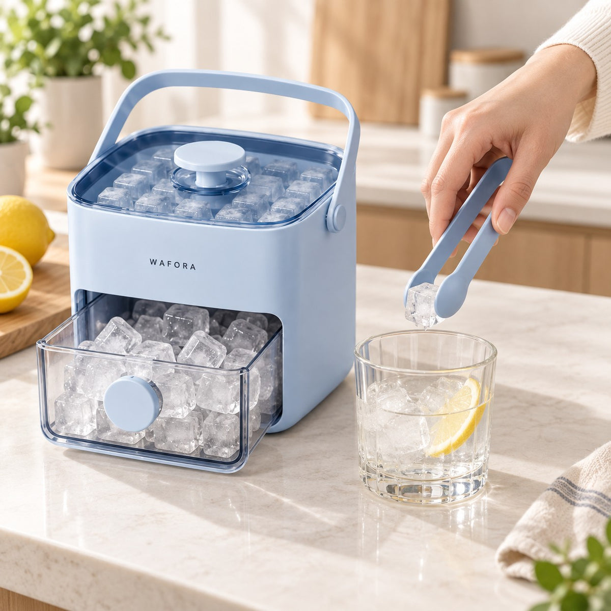 Serving an ice cube from the IcePress drawer with the included blue tongs
