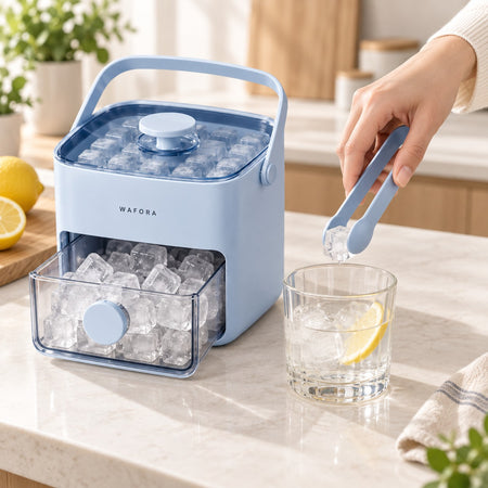Serving an ice cube from the IcePress drawer with the included blue tongs