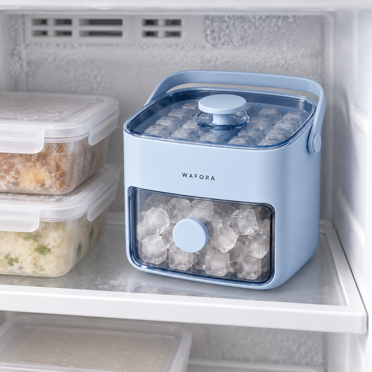 WAFORA IcePress ice tray and storage drawer on a freezer shelf