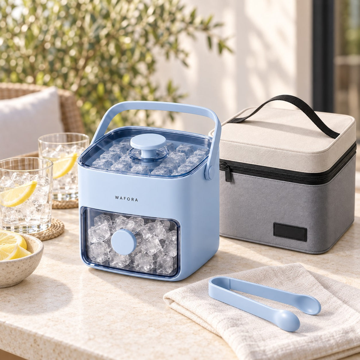 Blue IcePress set and gray carry bag beside drinks on a patio table