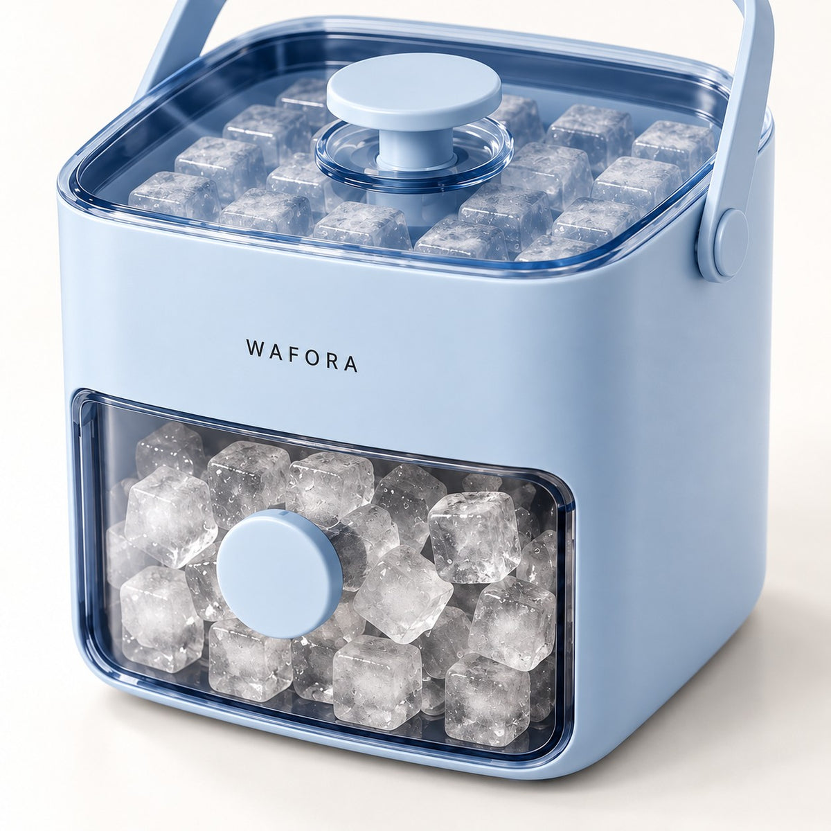 Close view of the IcePress press-button lid and clear ice storage drawer