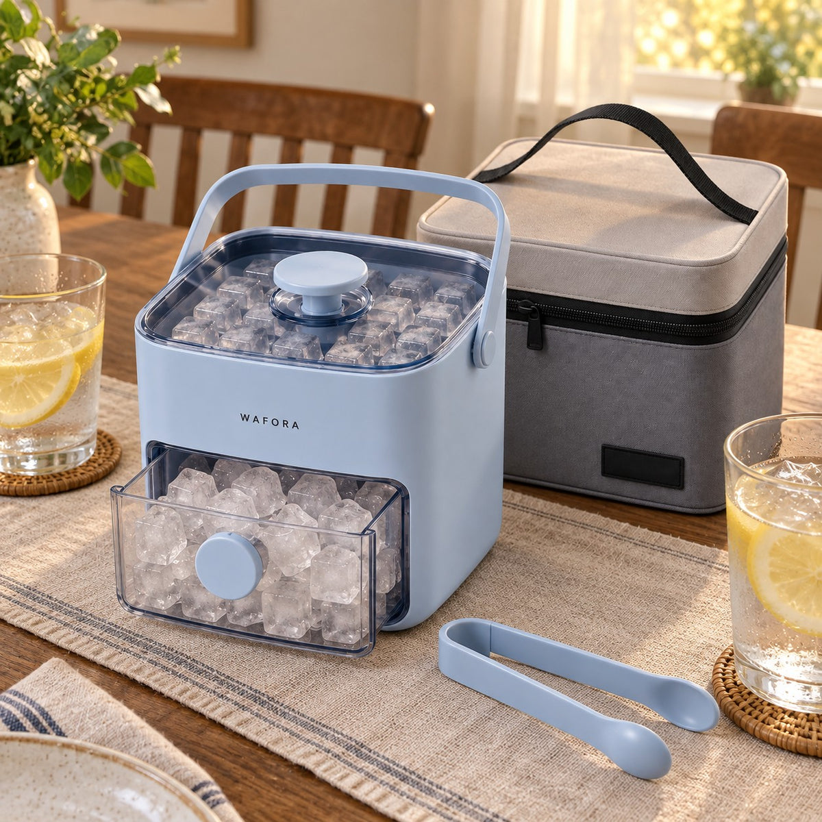 Illustrative WAFORA IcePress dining-table scene with open ice drawer and carry bag