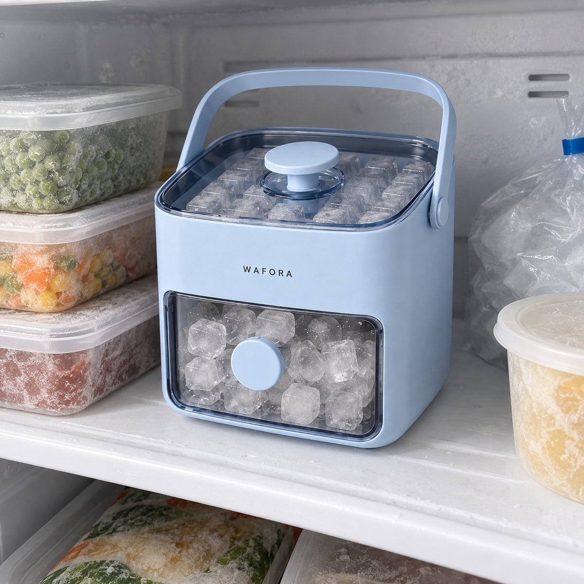 Illustrative WAFORA IcePress scene on a domestic freezer shelf