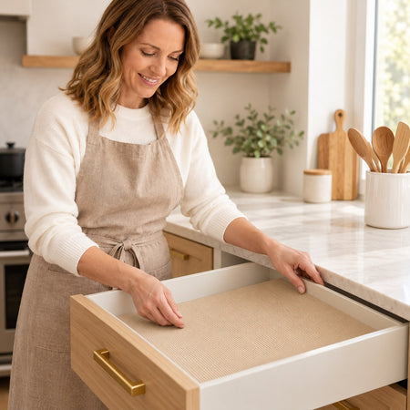 Emma placing a trimmed Khaki drawer liner in a neutral WAFORA kitchen