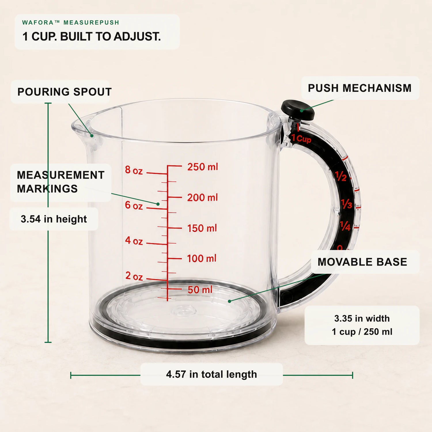 MeasurePush dimensions and labeled details including spout, markings, push mechanism and movable base