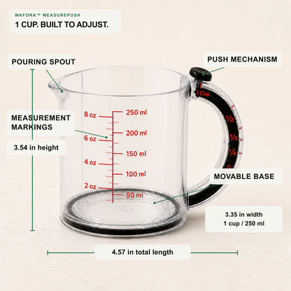 MeasurePush dimensions and labeled details including spout, markings, push mechanism and movable base