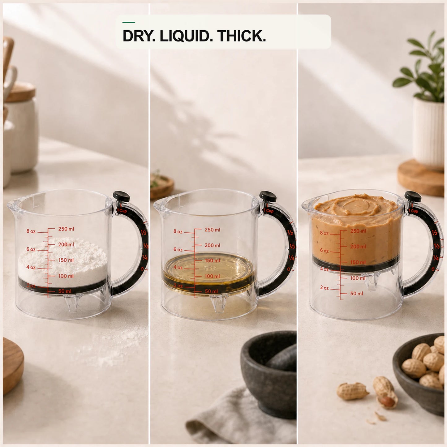 The same MeasurePush cup measuring flour, cooking oil and peanut butter