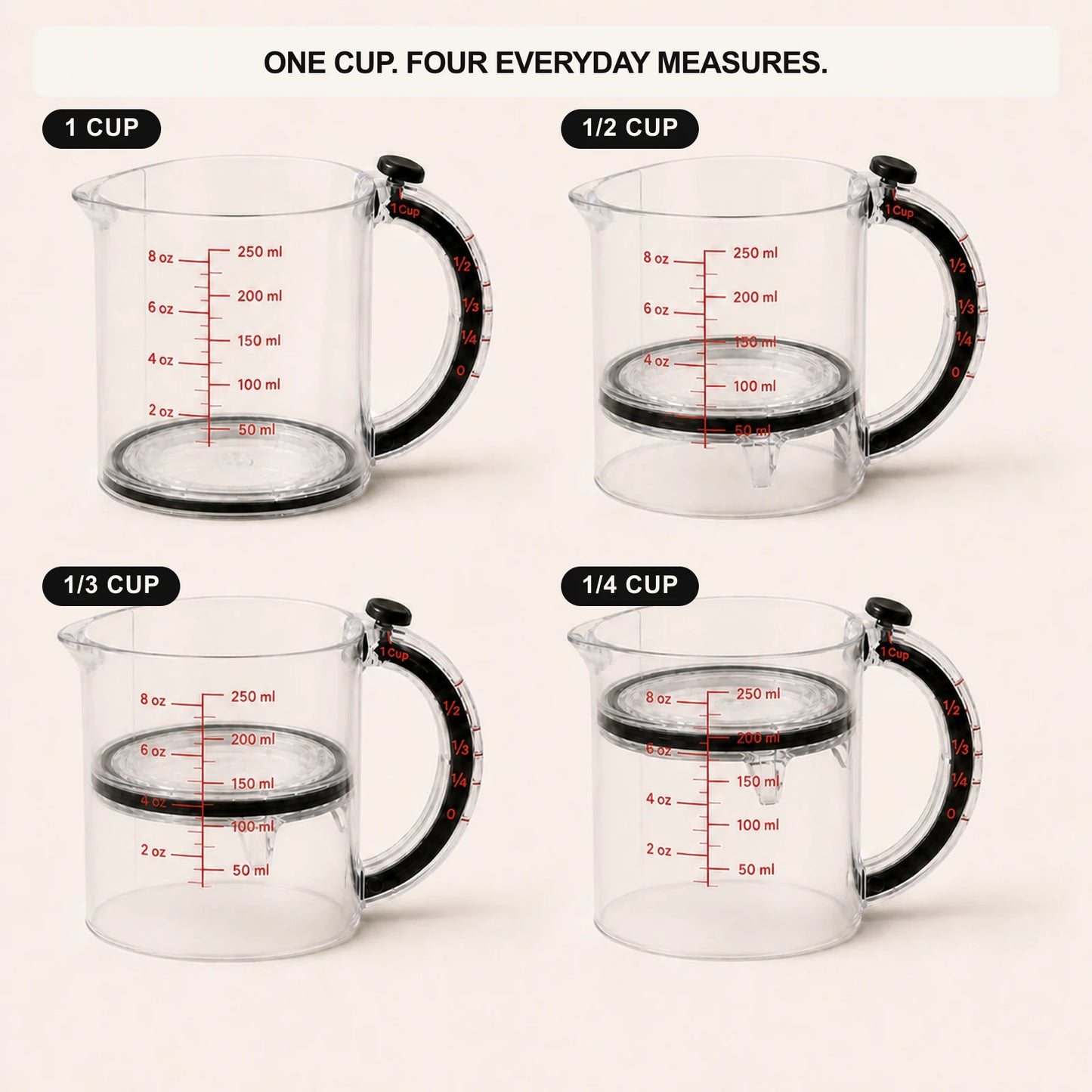 MeasurePush adjustable measuring cup shown at 1 cup, one-half, one-third and one-quarter cup positions