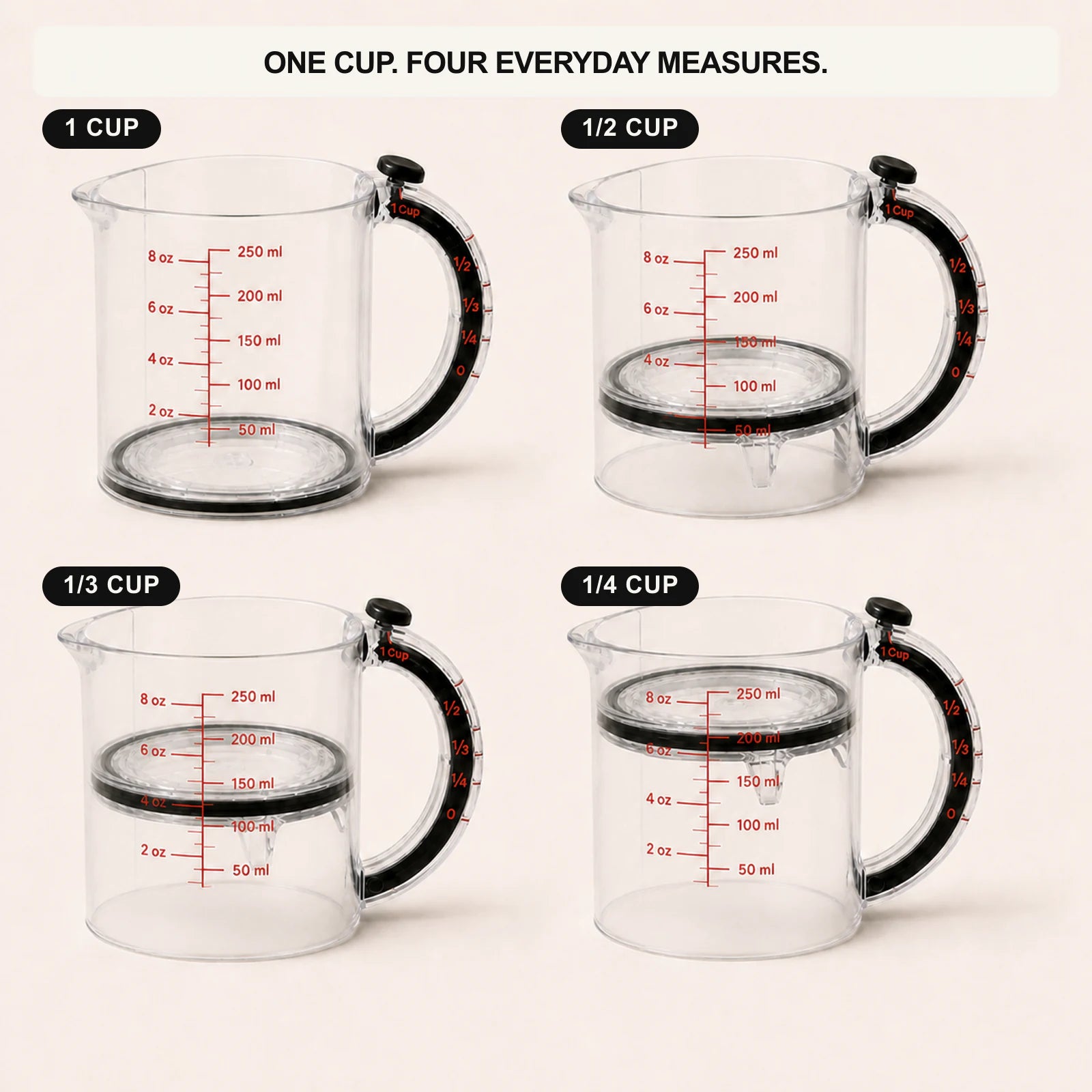 MeasurePush adjustable measuring cup shown at 1 cup, one-half, one-third and one-quarter cup positions