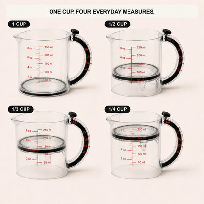 MeasurePush adjustable measuring cup shown at 1 cup, one-half, one-third and one-quarter cup positions