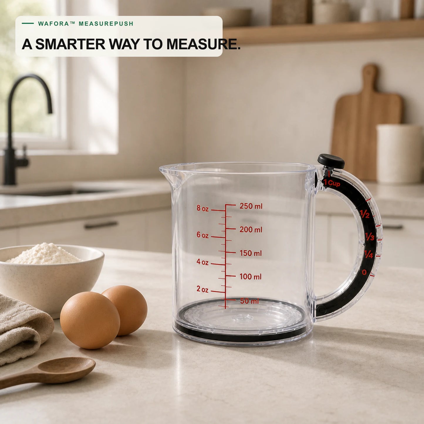 WAFORA MeasurePush beside flour, eggs and baking tools in a warm modern kitchen