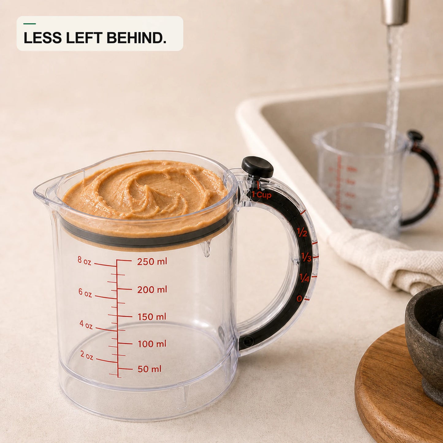 Raised circular base moving peanut butter to the top of MeasurePush with the cup rinsing in the background