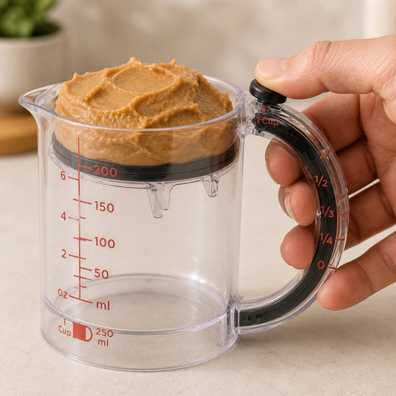 Close-up of a thumb pressing the MeasurePush handle as the circular base raises peanut butter