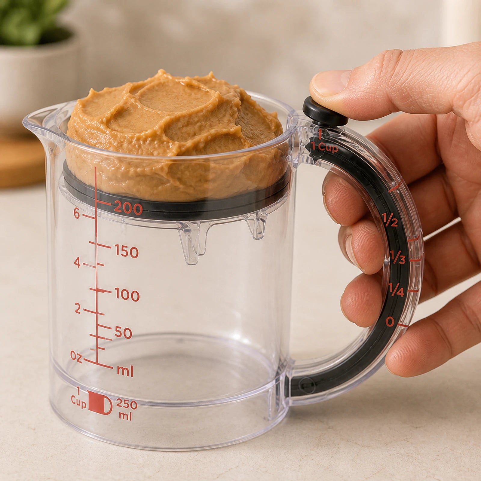 Close-up of a thumb pressing the MeasurePush handle as the circular base raises peanut butter