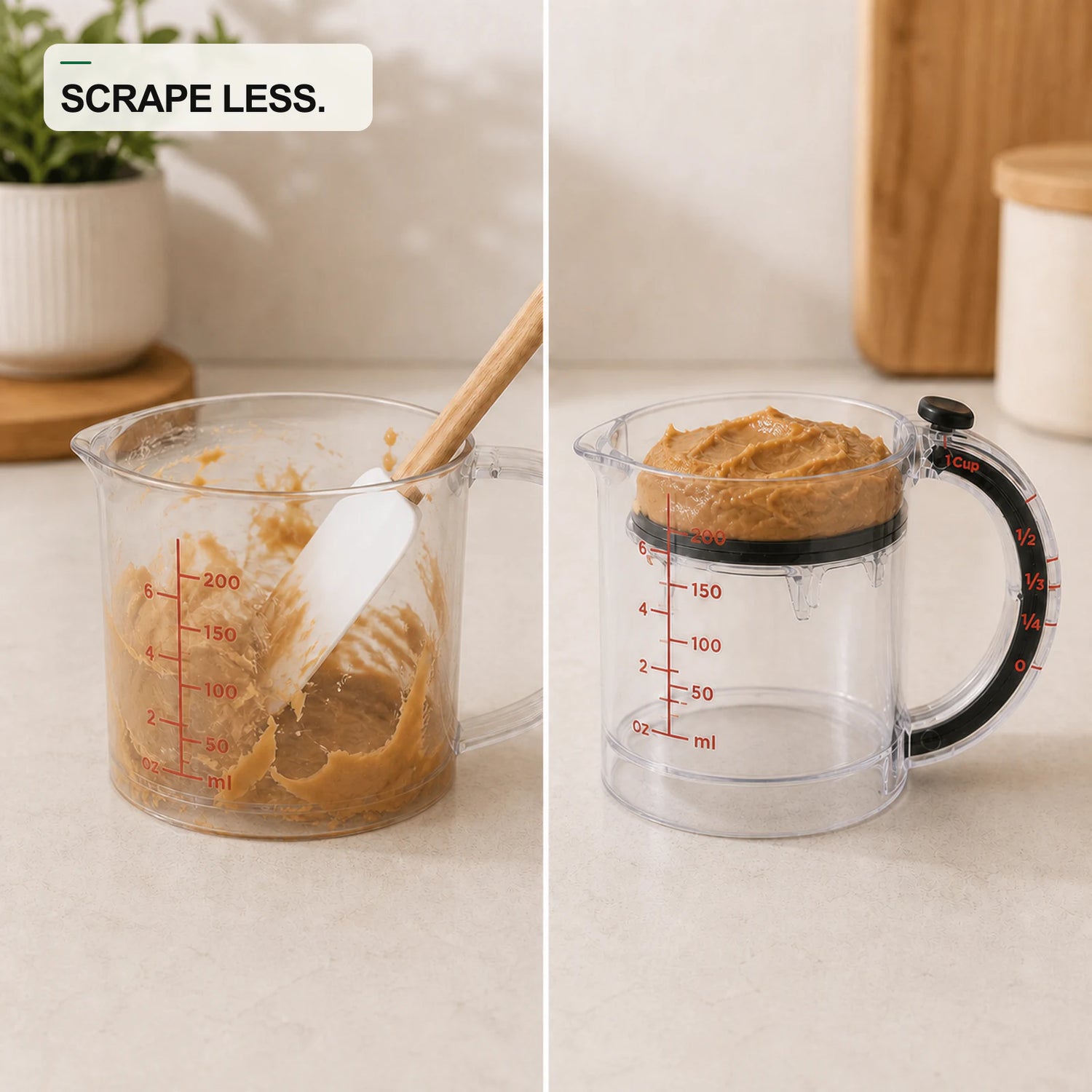 Traditional measuring cup scraping compared with WAFORA MeasurePush moving peanut butter toward the rim