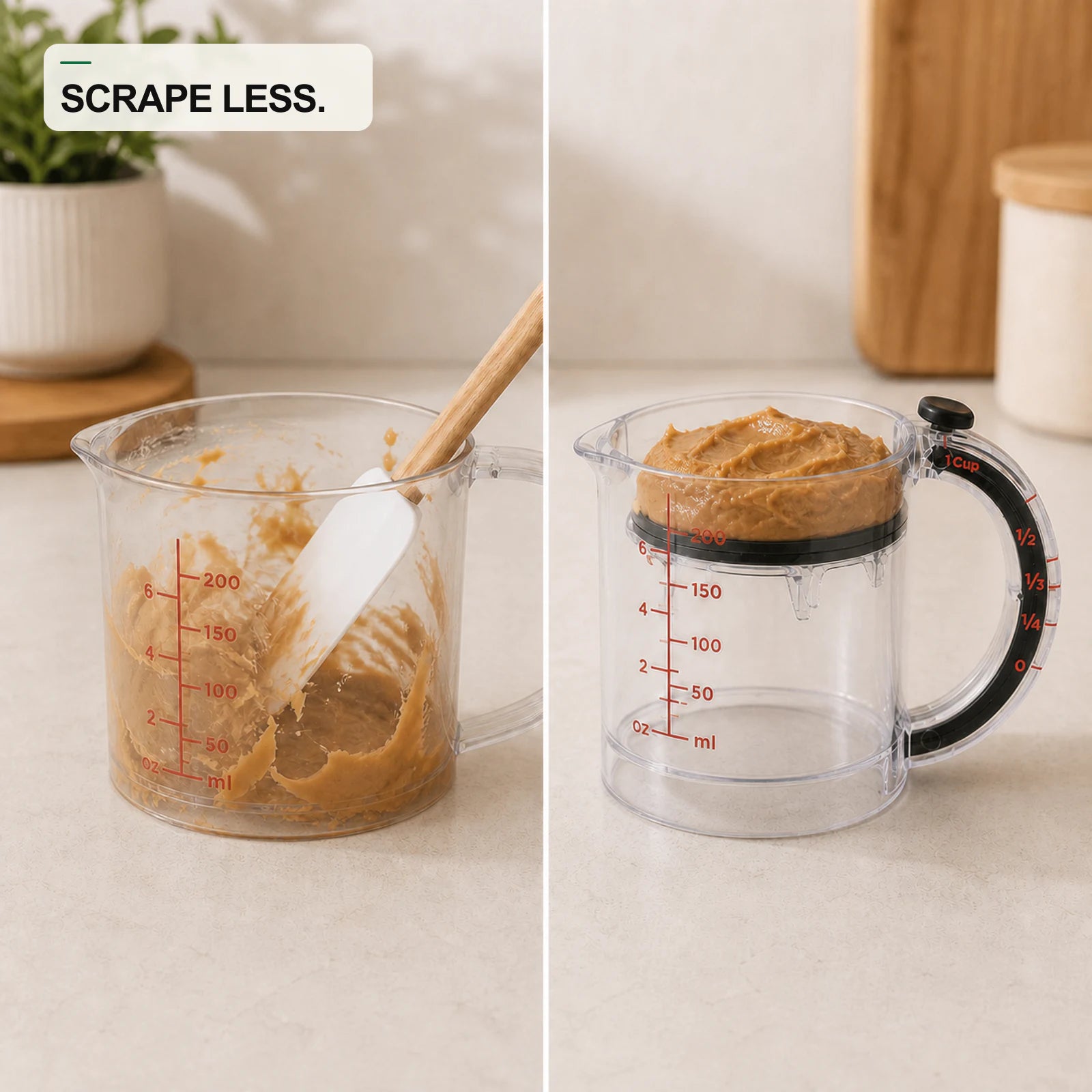 Traditional measuring cup scraping compared with WAFORA MeasurePush moving peanut butter toward the rim
