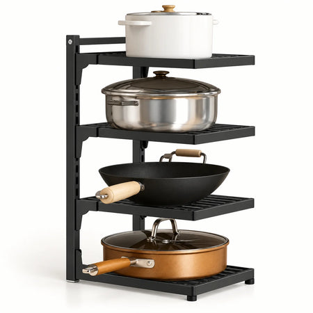 Black WAFORA PanRise four-tier organizer with cookware stored on separate shelves.