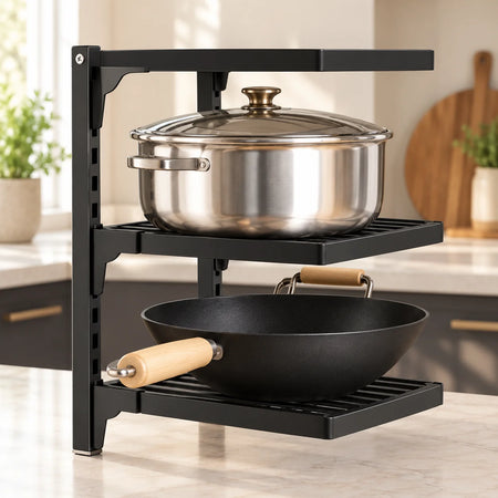 Close-up of a pot and wok on separate shelves of the black WAFORA PanRise organizer.
