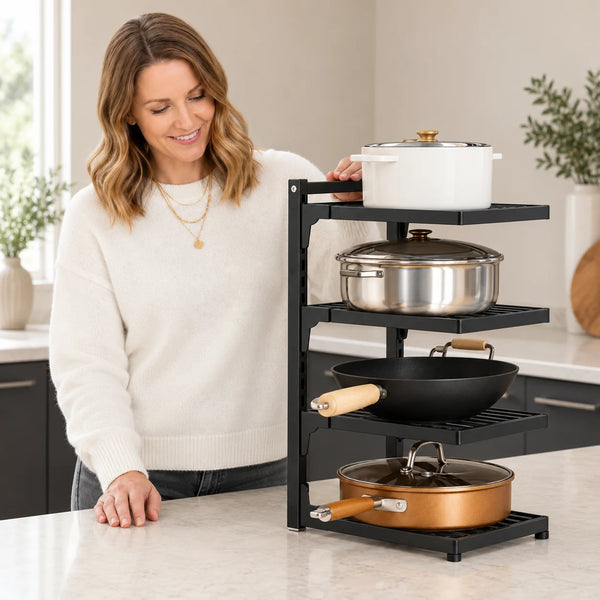 Emma Carter beside WAFORA PanRise with cookware arranged across four vertical storage levels.