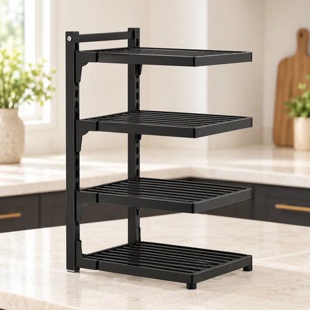 WAFORA PanRise black four-tier organizer shown without cookware.