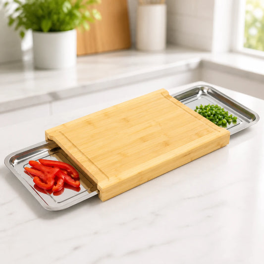 WAFORA PrepStation bamboo chopping board with two trays and sorted vegetables