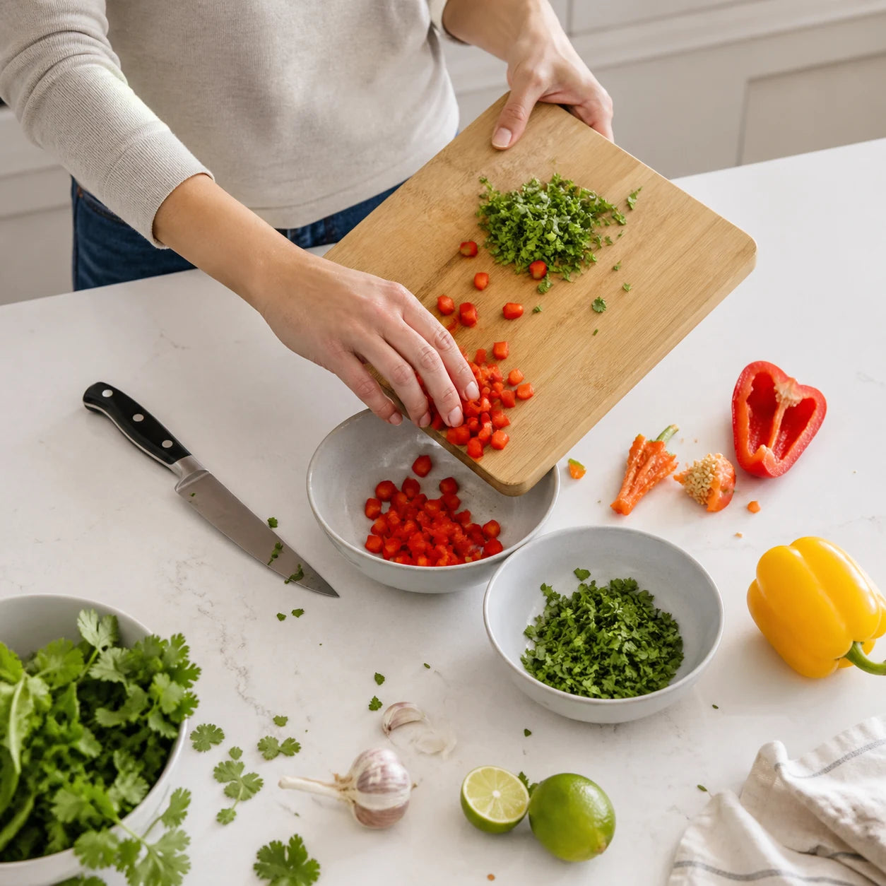 Home cook transferring chopped vegetables from a basic board into separate bowls