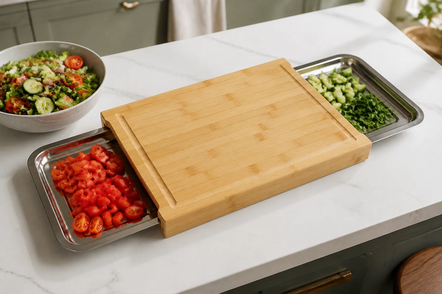 Organized WAFORA PrepStation with chopped vegetables in two removable trays