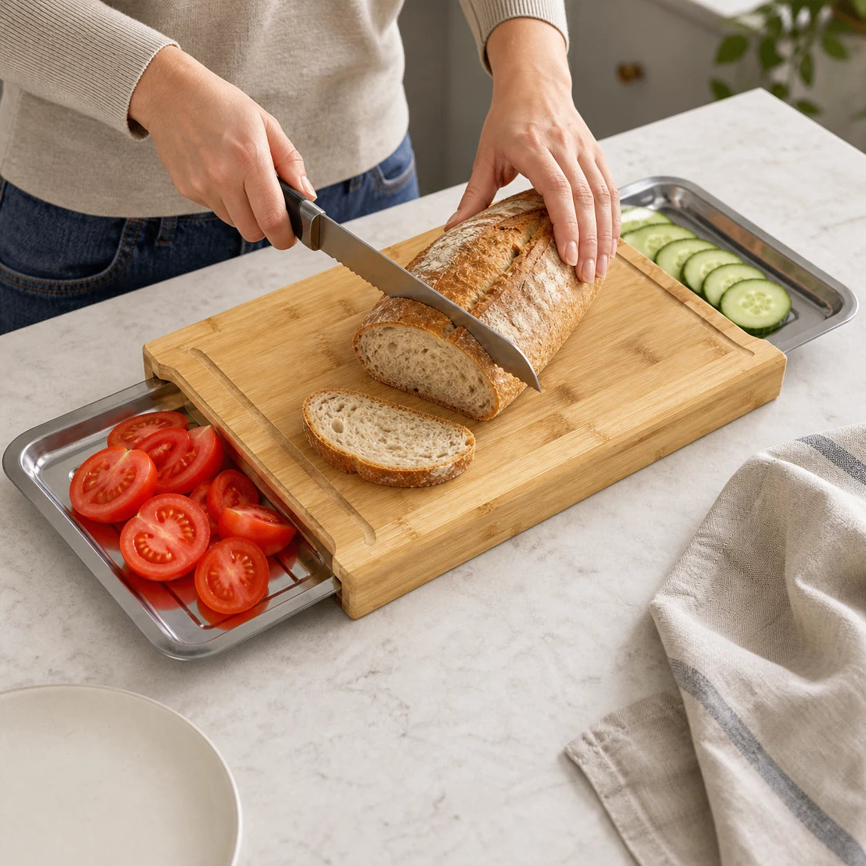 Bread being sliced on WAFORA PrepStation with vegetables in two side trays
