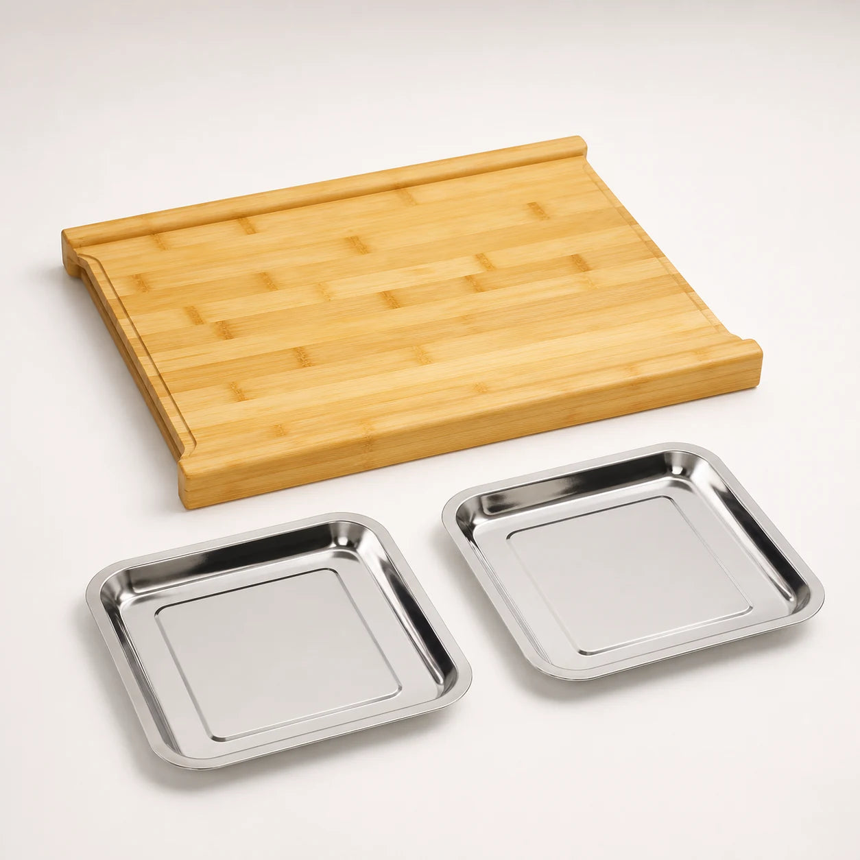 One bamboo WAFORA PrepStation board with two stainless-steel trays