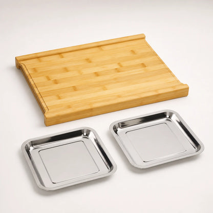 One bamboo WAFORA PrepStation board with two stainless-steel trays