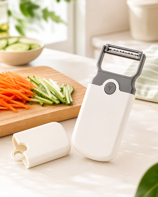 WAFORA PrepSwitch cream and grey vegetable tool with protective cover and fresh julienne vegetables