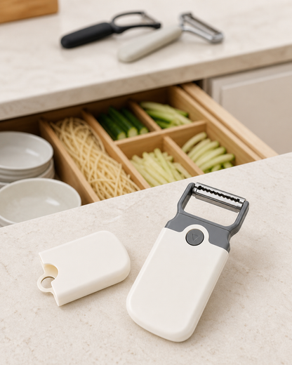 Compact WAFORA PrepSwitch tool and protective cover on a bright kitchen counter
