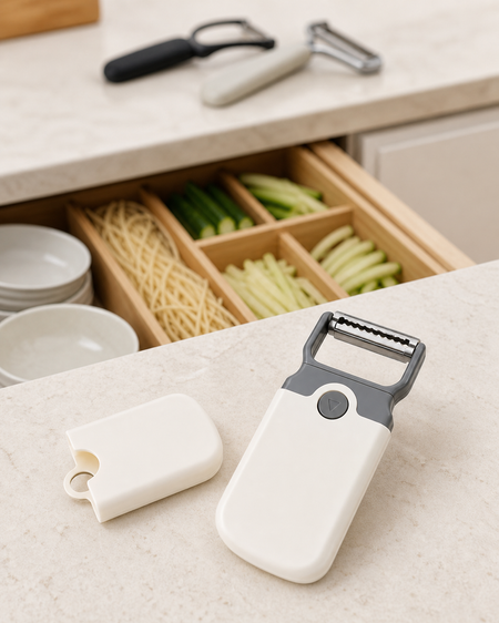 Compact WAFORA PrepSwitch tool and protective cover on a bright kitchen counter