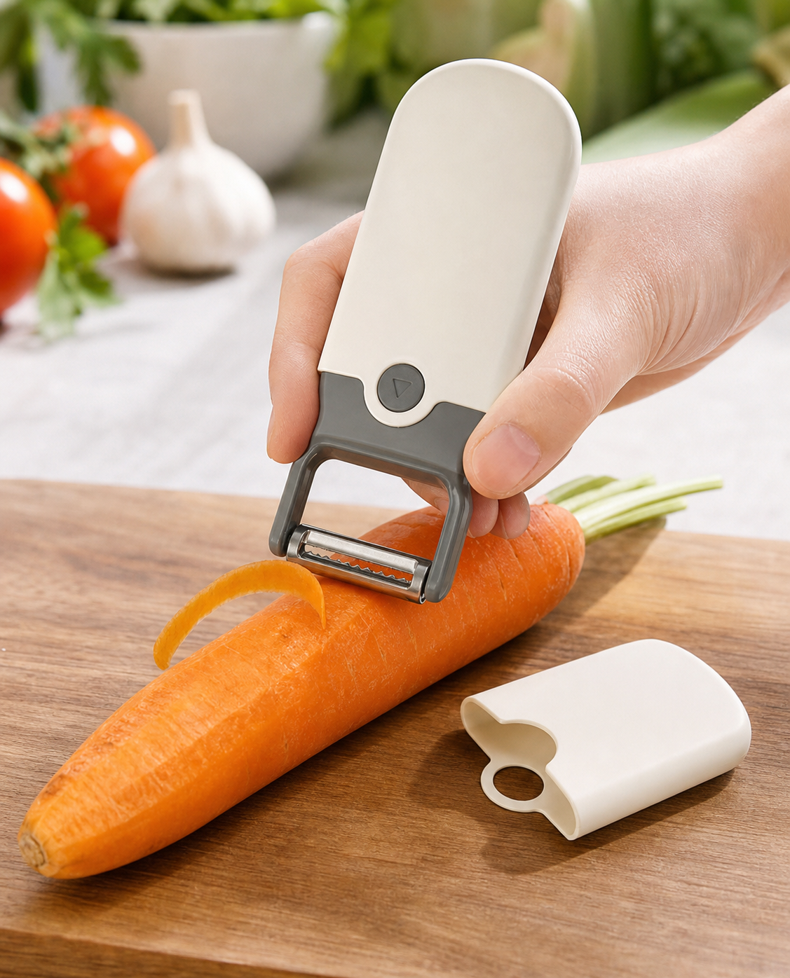 WAFORA PrepSwitch peeling a carrot safely on a wooden cutting board