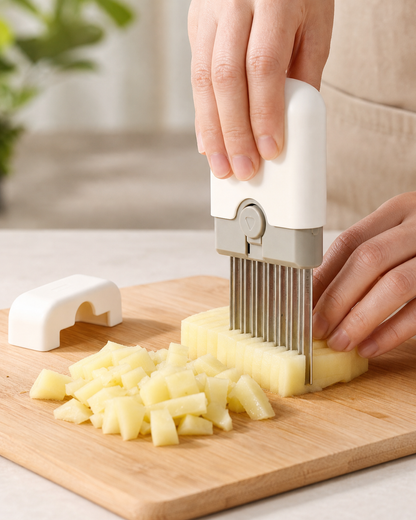 WAFORA PrepSwitch comb cutter chopping a potato on a stable cutting board