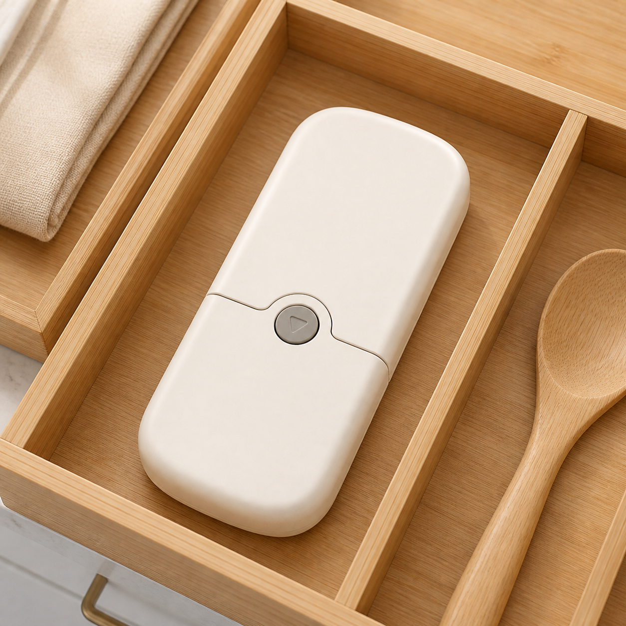 WAFORA PrepSwitch stored with its protective cover fitted in a bamboo drawer organizer